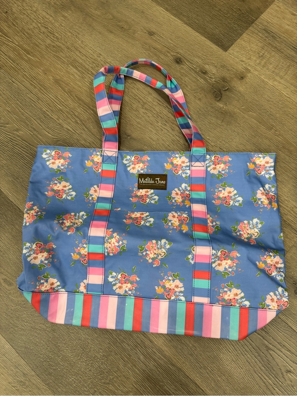 Matilda Jane Blue Floral Tote with Multicolor Striped Handles